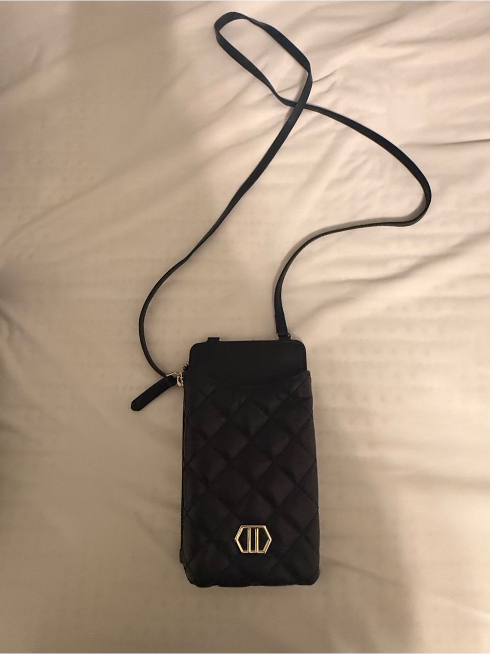 Quilted Black Crossbody Phone Pouch with Gold Accent